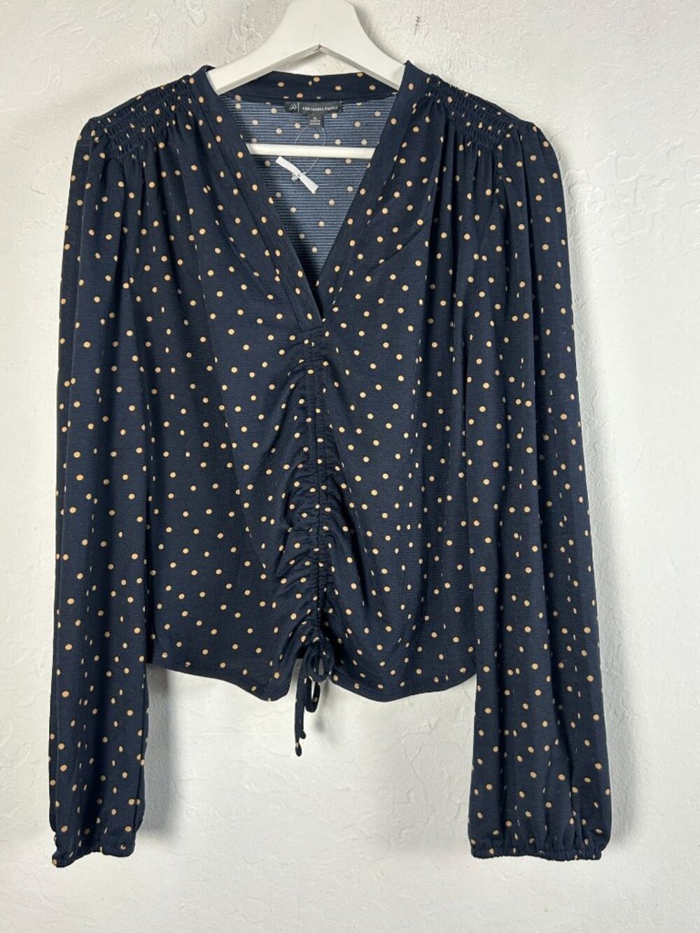 Adrianna Papell Womens Navy Polka Dot Ruched Long Sleeve Crop Blouse XL New